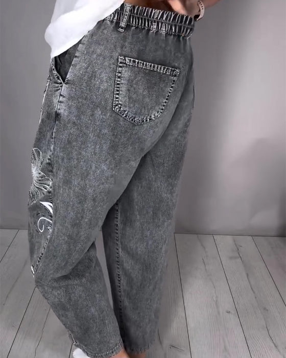 Jeans Kwiatowy Nadruk Znoszony