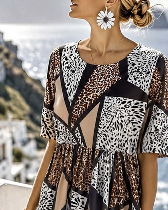 Sukienka Geometryczny Patchwork Lampart Pełna Spódnica Maxi