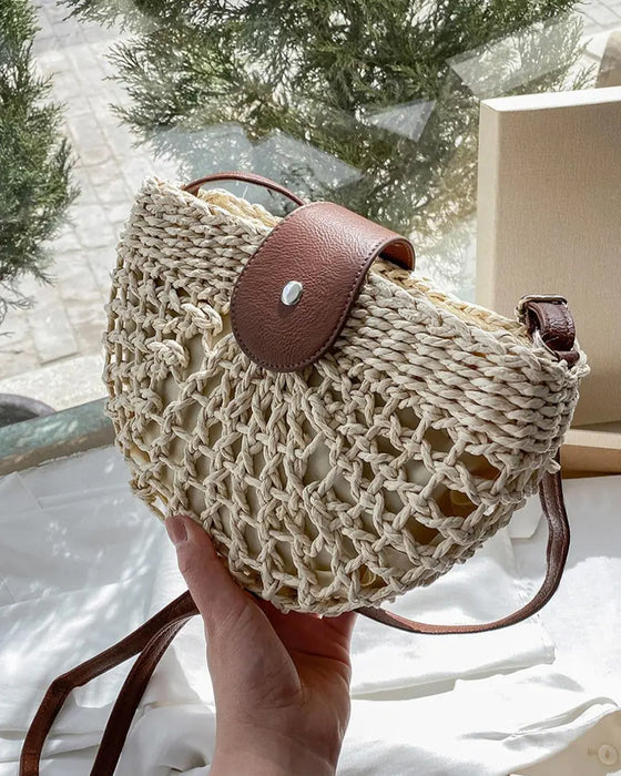 Torba Boho Półokrągły Kształt Ażurowy Słoma