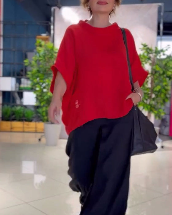 Luźna bluzka z okrągłym dekoltem w jednolitym kolorze