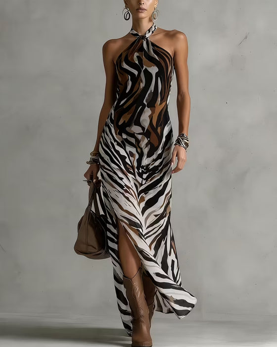Sukienki Zebra Halter Rozcięcie Długi
