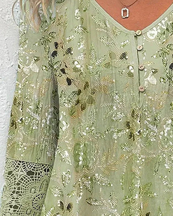 Bluzka Koronka Patchwork Kwiatowy V-Neck
