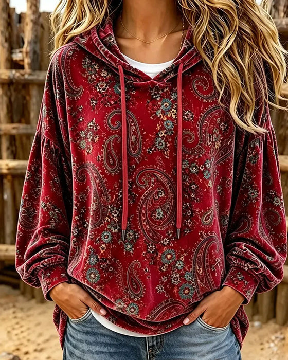 Hoodie Paisley Druk Aksamit