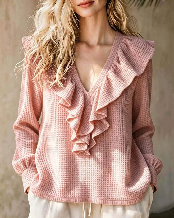 Bluse Vaffelstrik V-Hals Ruffle