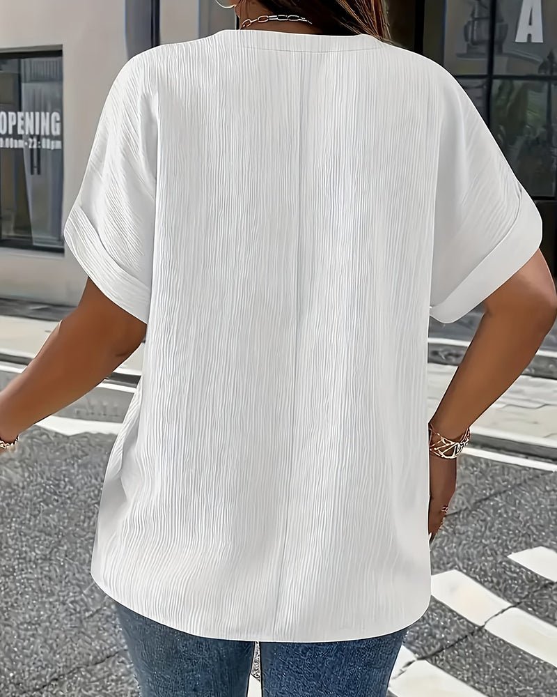 100% Bawełna  T-Shirt V-Dekolt Luźny Teksturowany