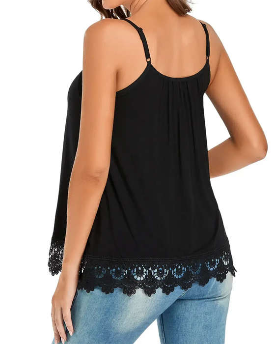 Cami Top Ramiączka Spaghetti Marszczona Koronka Patchwork Wbudowanym Biustonoszem
