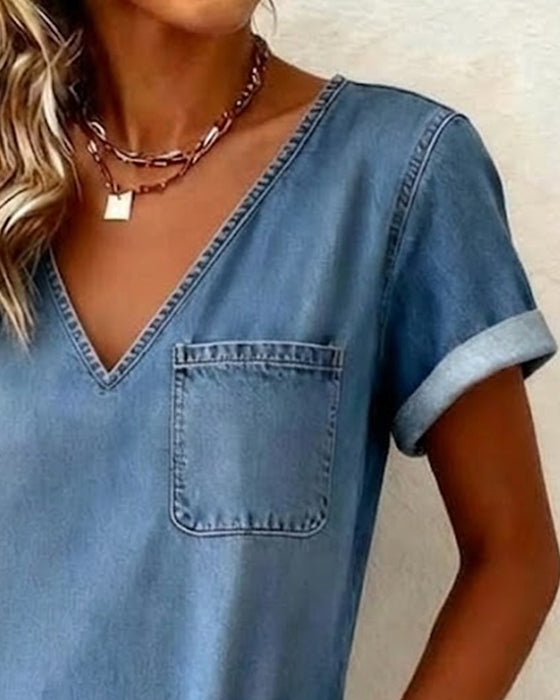 Sukienka Denim V Dekolt Krótki Rękaw Shift