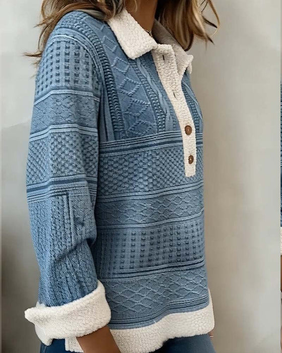 Bluza Z Kołnierzem Patchwork Modna Casual