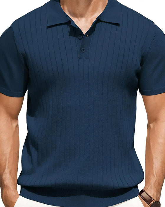 T-Shirt Żebrowany Dzianina Polo Kołnierz