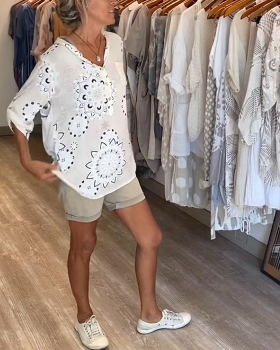 Bluzka Uniwersalna Dekolt W S Nadruk Połdługie Rękawy