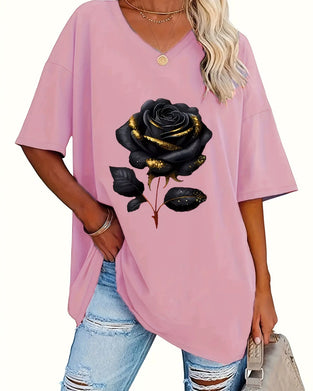 T-Shirt Wzór Róża Luźny Krój Półrękawek