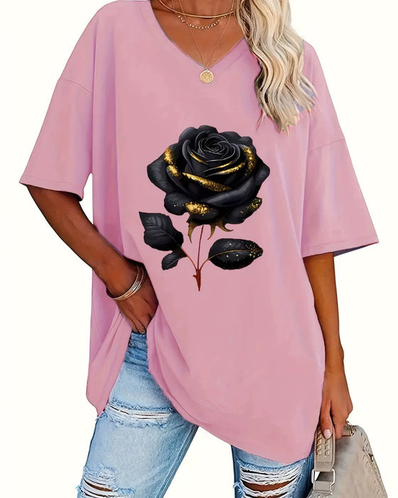 T-Shirt Wzór Róża Luźny Krój Półrękawek