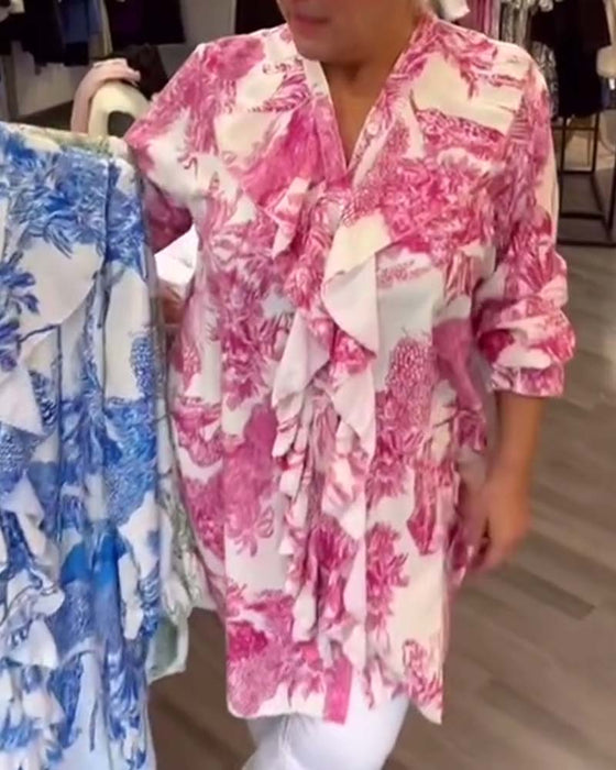 Swobodna bluzka z nadrukiem i falbaną