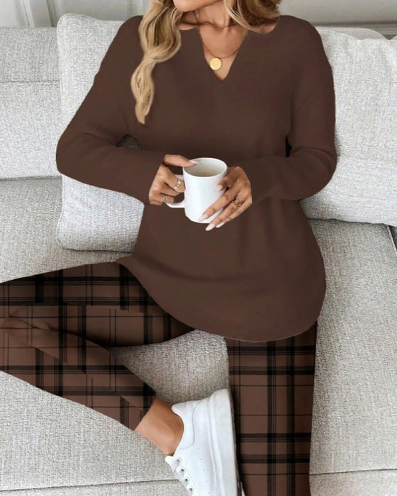 Zestaw V-Szyja Gładki Top + Krata Spodnie Loungewear