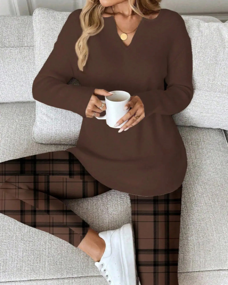 Zestaw V-Szyja Gładki Top + Krata Spodnie Loungewear
