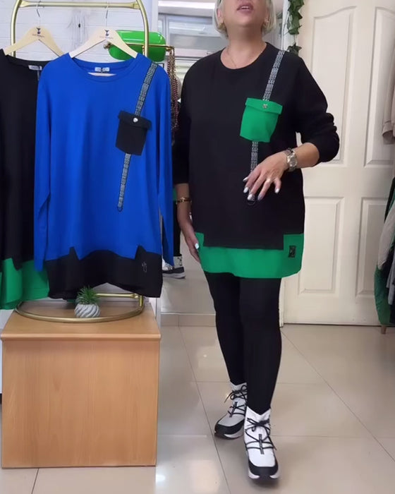 Bluza casualowa z okrągłym dekoltem i kieszeniami w kontrastowym kolorze