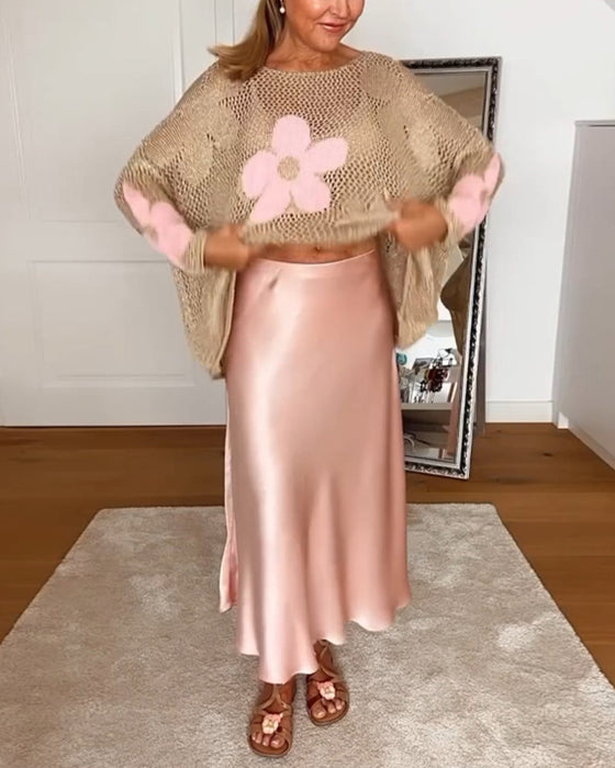 Sweterek z długim rękawem i okrągłym dekoltem w kwiaty