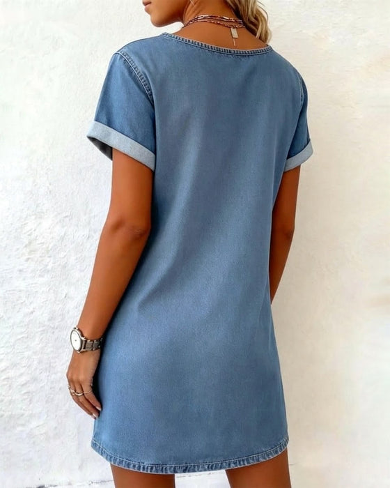 Sukienka Denim V Dekolt Krótki Rękaw Shift