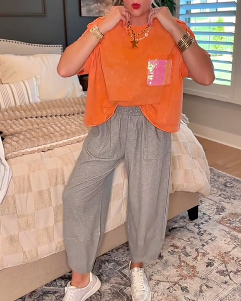 T-Shirt A Jednokolorowa Krótki Rękaw