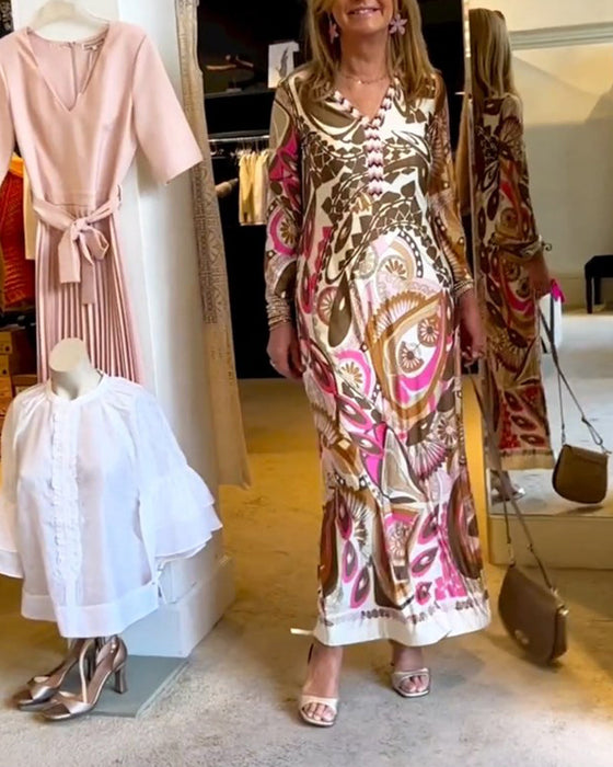 Długa sukienka z dekoltem w kształcie litery V z nadrukiem