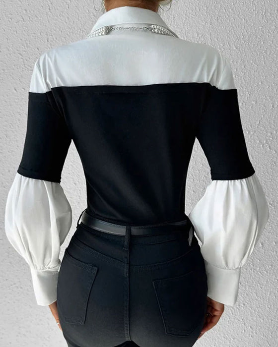 Top Color-Block Latarnia-Rękaw Spliced