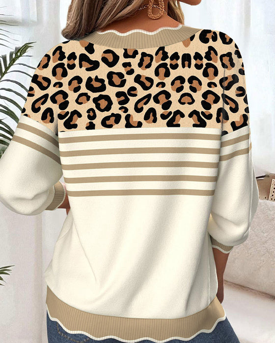 Sweter Dekolt V Print Leopardzi Kontrast