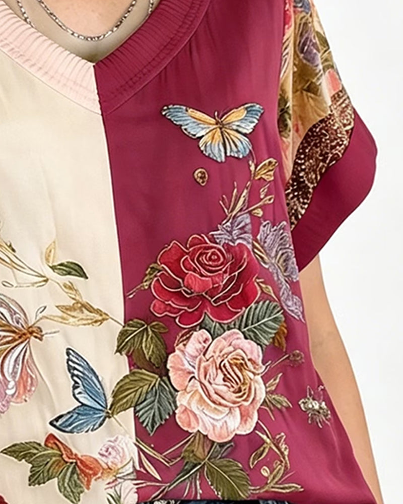 Bluzka V-Szyja Asymetryczny Patchwork Kwiatowy