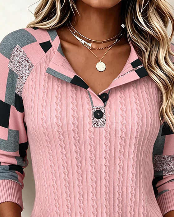 Bluza Kolorowe Bloki Kołnierz Henley Długi Rękaw Zapięcie Na Guziki