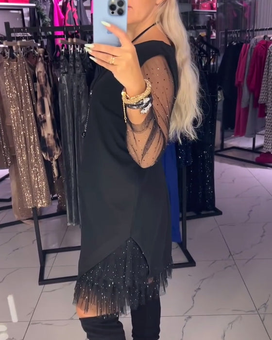 Sukienka Okrągły Dekolt Przezroczysta Siatka Szycie