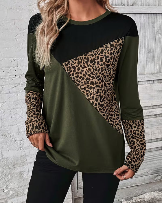 Top Okrągły Dekolt Print Leopardzi Color-Block