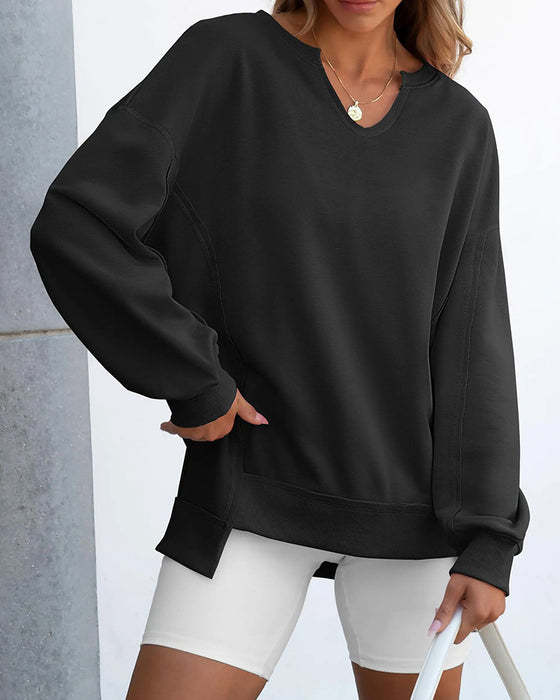 Bluza Mały Dekolt V Luźna Stylizacja Długie Rękawy