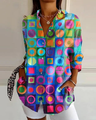 Koszula Kolorowy Geometryczny Wzór Długi Rękaw