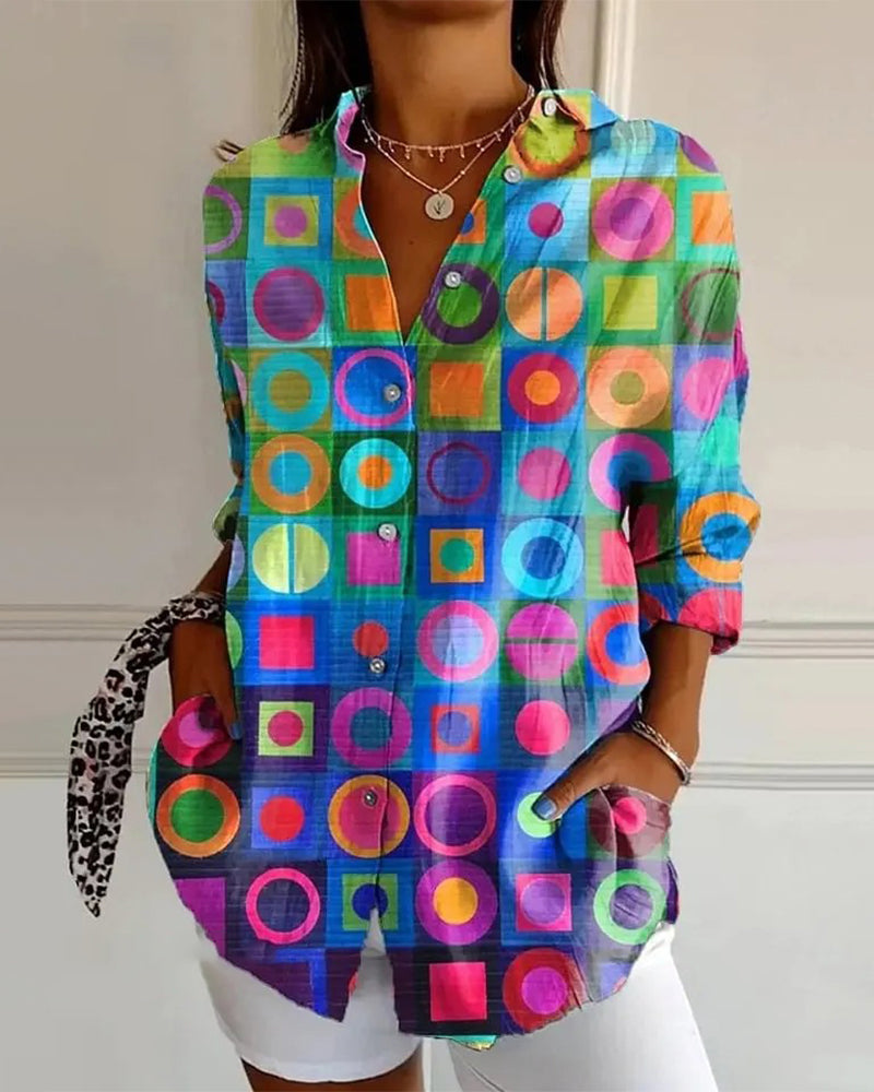 Koszula Kolorowy Geometryczny Wzór Długi Rękaw