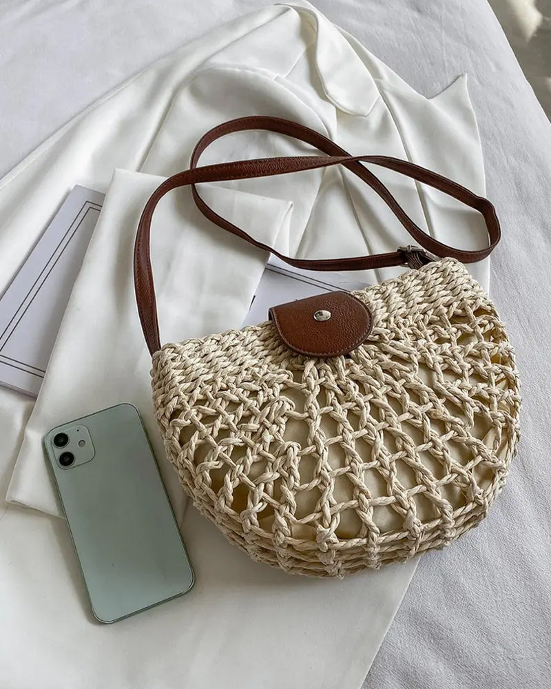 Torba Boho Półokrągły Kształt Ażurowy Słoma