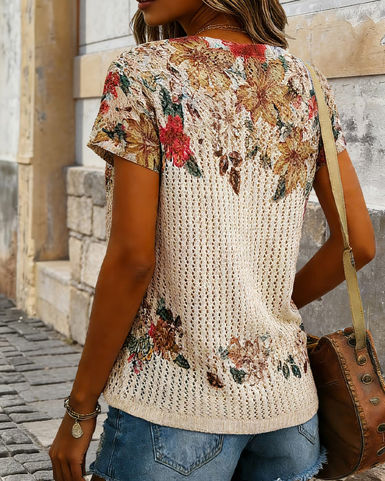 Knit Top Wycięty Kwiatowy Krótki Rękaw