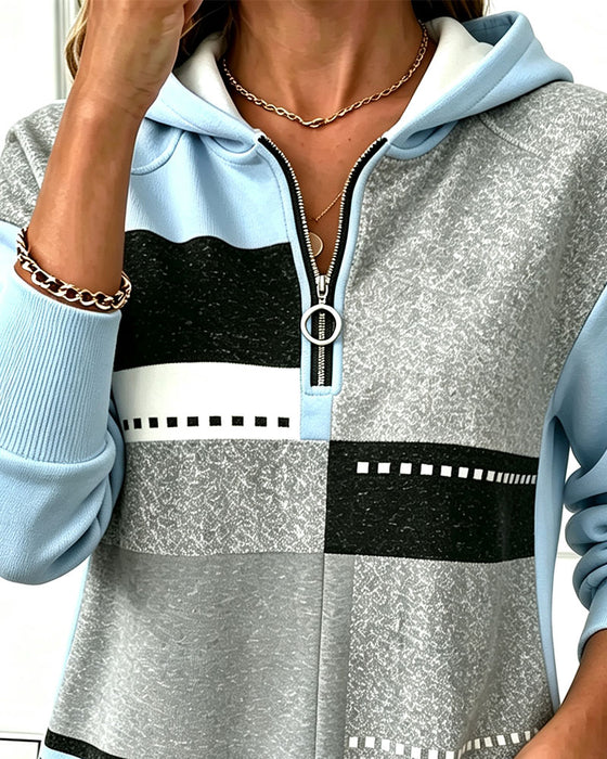Hoodie Pół Zamek Błyskawiczny Kontrast Geometryczny Druk