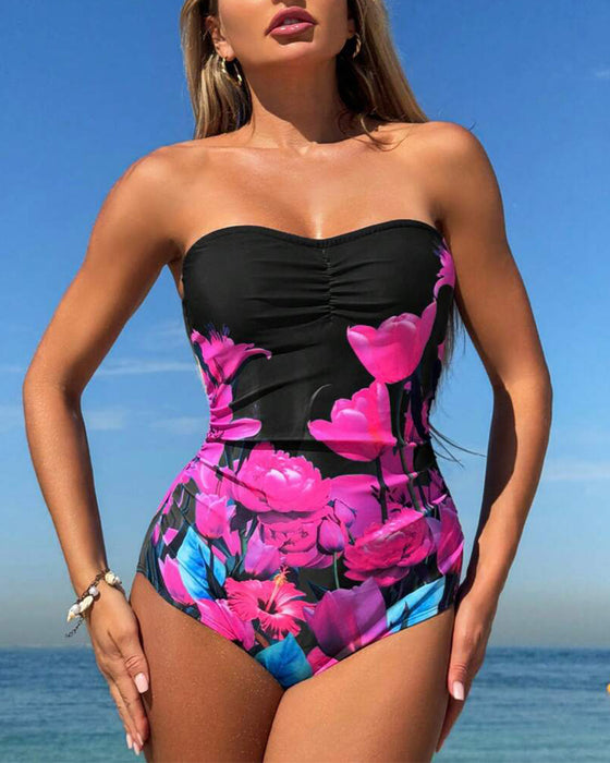 Strój Kąpielowy Bandeau Kwiatowy Wzór Jednoczęściowy
