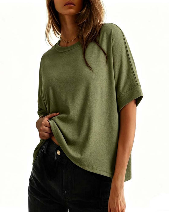 T-Shirt Okrągły Dekolt Luźny Krótki Rękaw