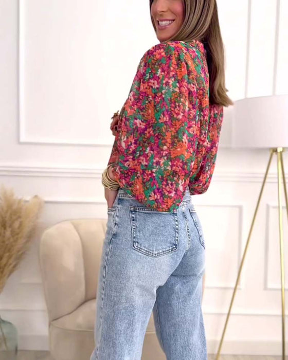 Koszula zapinana na guziki z nadrukiem i bufiastymi rękawami