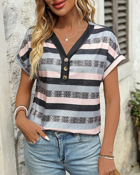 T-Shirt Dekolt V Trzy Guziki W Paski
