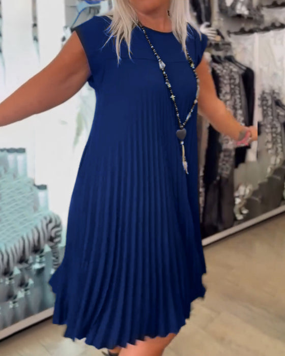 Sukienka plisowana na co dzień z okrągłym dekoltem i jednolitym kolorem