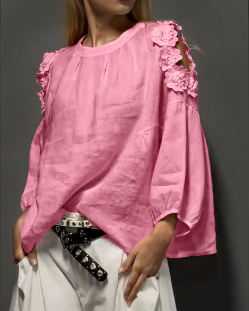 Bluzy Okrągły Dekolt Wycięcie Off-Shoulder 3D Kwiatowy