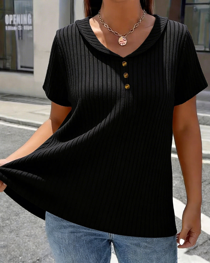 T-Shirt Żebrowany Dekolt W Kształcie Litery V Mini Klapa Krótki Rękaw