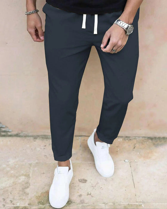 Męskie Spodnie Jednokolorowe Ściągacz Slim Fit Skrócone