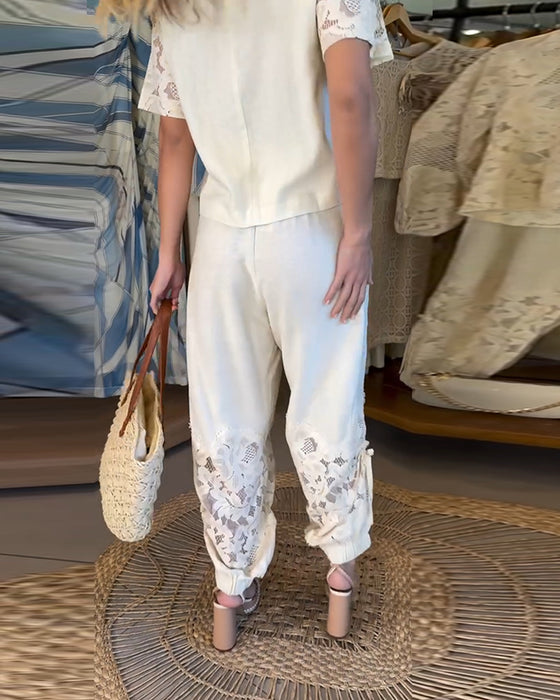 Pants Jednolity Kolor Koronka Patchwork Marszczony Długi