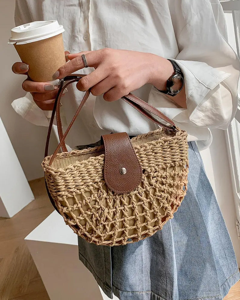 Torba Boho Półokrągły Kształt Ażurowy Słoma