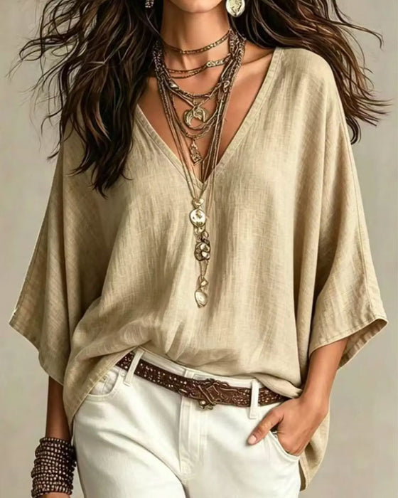 Blouse V-Dekolt Trzyczwarty Rękaw Luźny