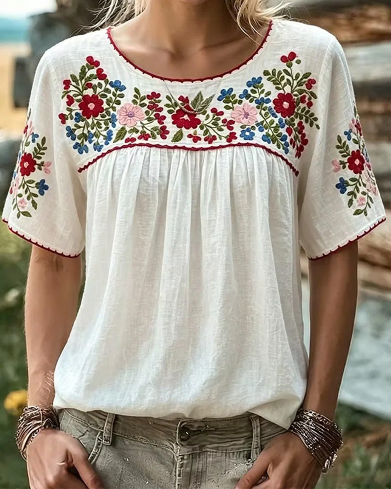 Bluzka Okrągły Dekolt Haftowany Bohemian