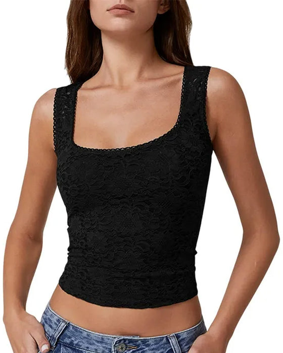 Tank Top Koronkowa Lamówka Kwadratowy Dekolt Bez Rękawów