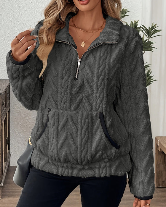Bluza Z Klapami Zipper Przód Welurowy